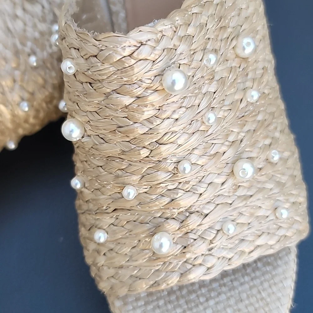 Sandals Wedge Platforms Straw Fiber  Pearl Embellished Anaya SZ 12